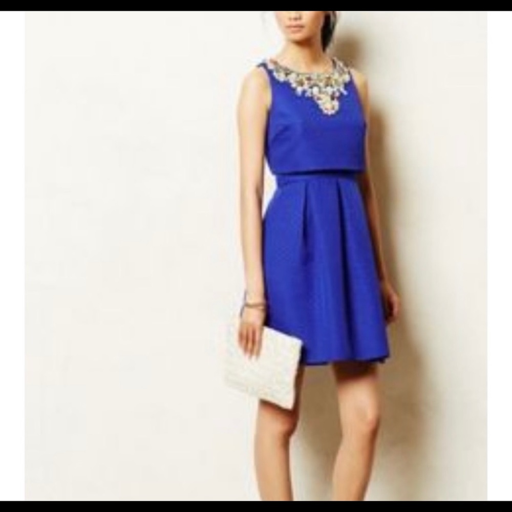 Anthropologie Moulinette Soeurs Embellished Royal Blue Mid Cocktail Dress Petite